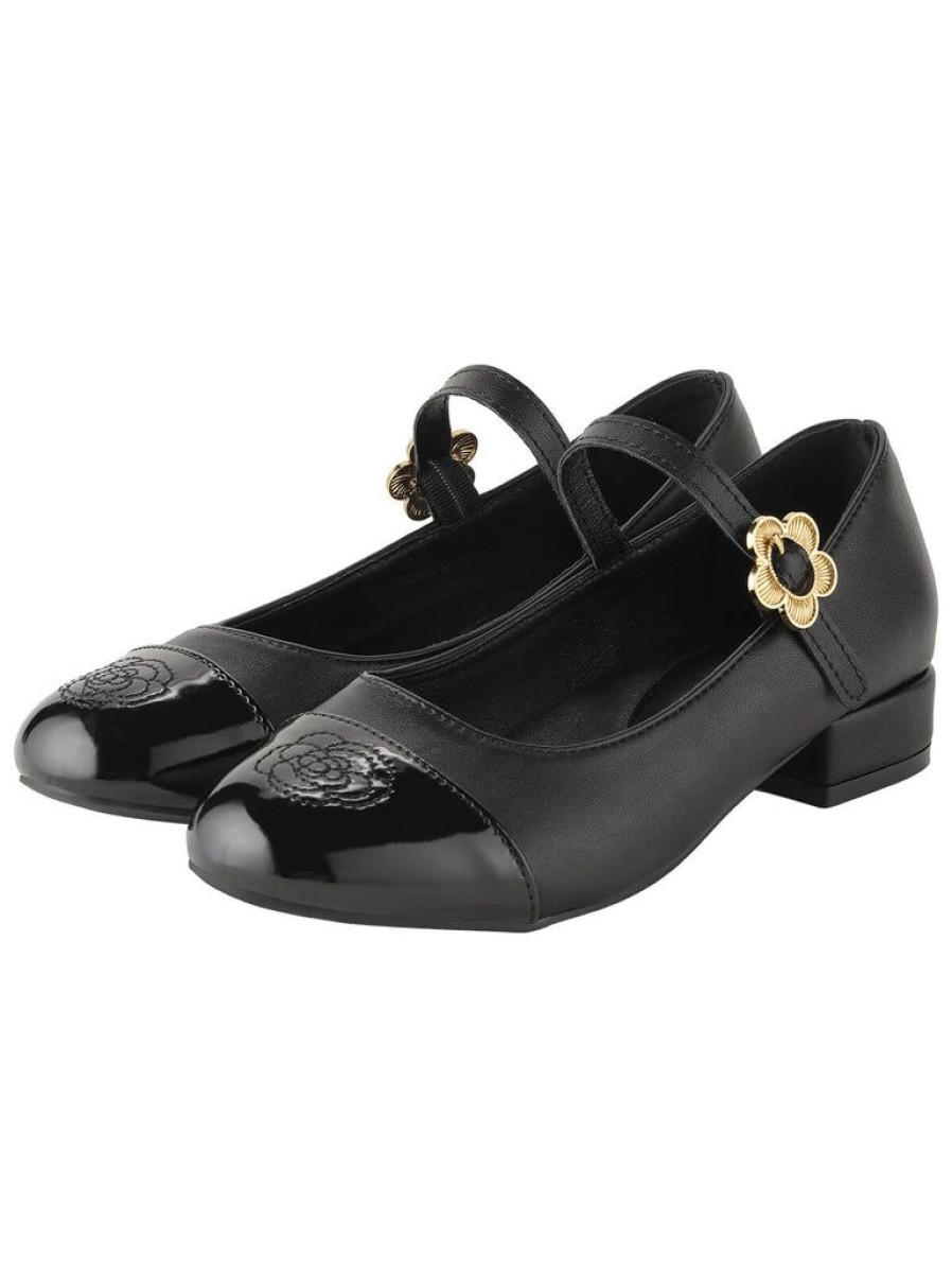 Shoes Retro Stage | Round Toe Flower Buckled Shoes Black