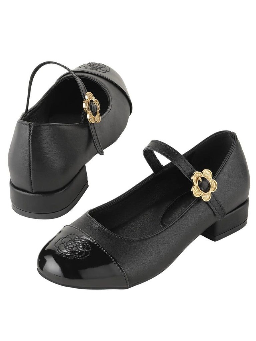 Shoes Retro Stage | Round Toe Flower Buckled Shoes Black