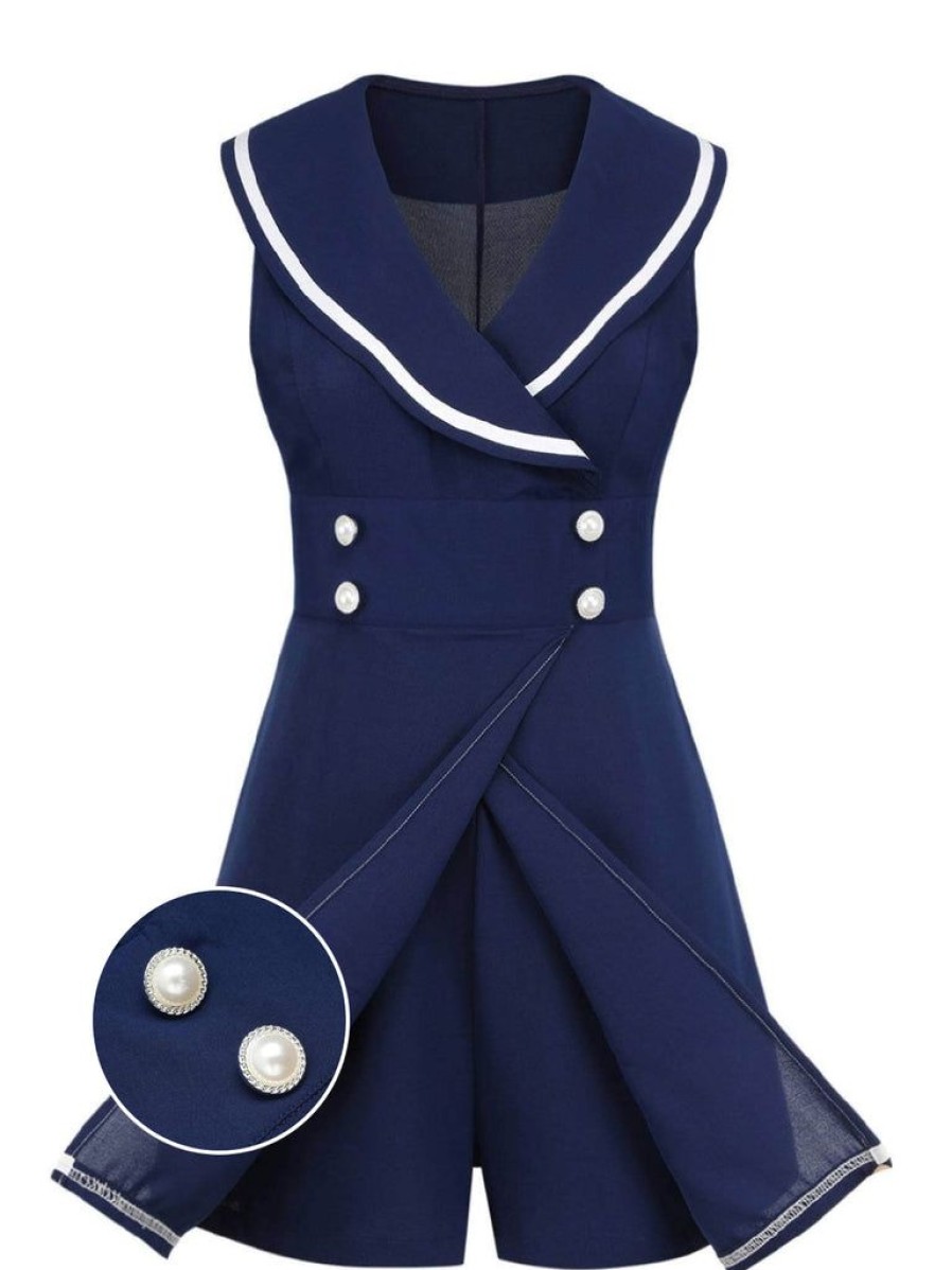 Clothing Retro Stage | 1950S Sailor Collar Romper Navy Blue