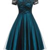 Clothing Retro Stage | 1950S Off Shoulder Lace Swing Dress Dark Green