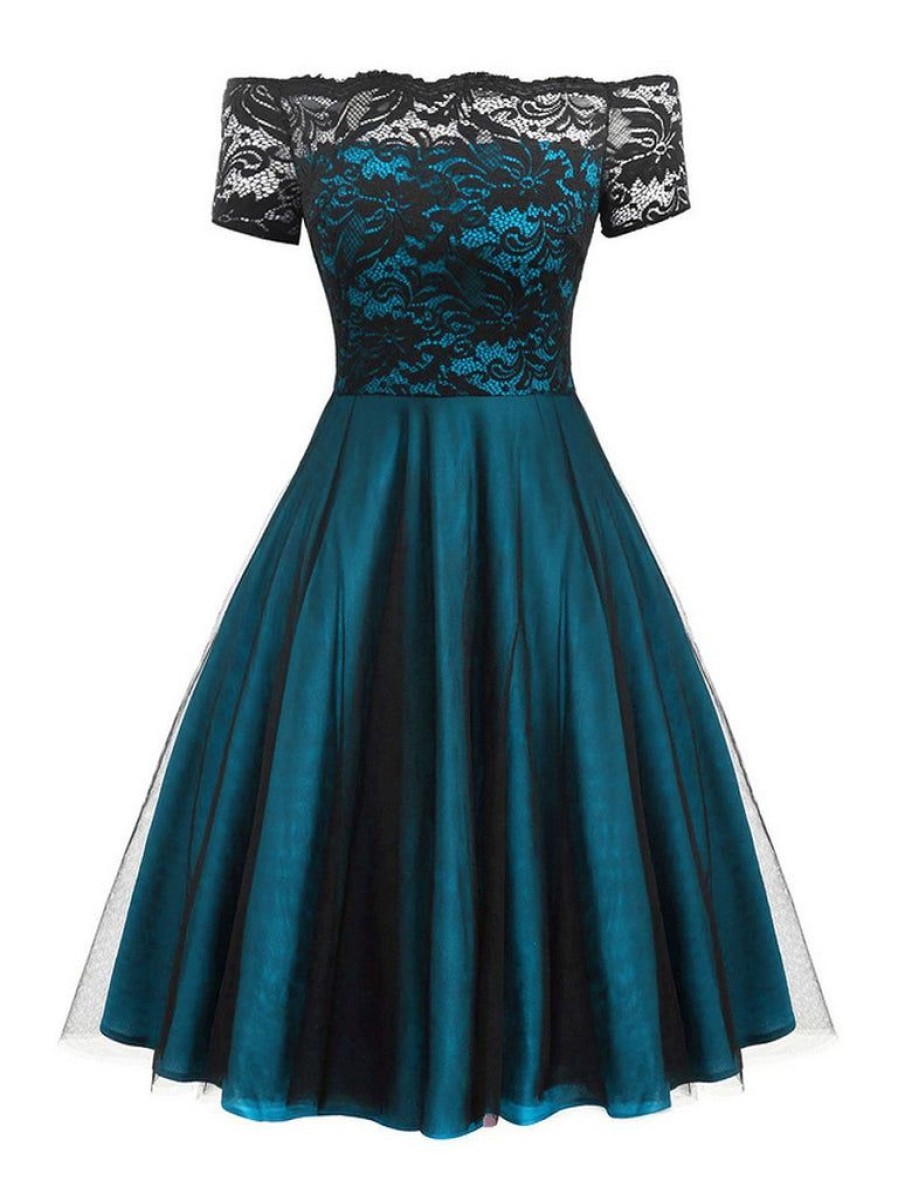 Clothing Retro Stage | 1950S Off Shoulder Lace Swing Dress Dark Green