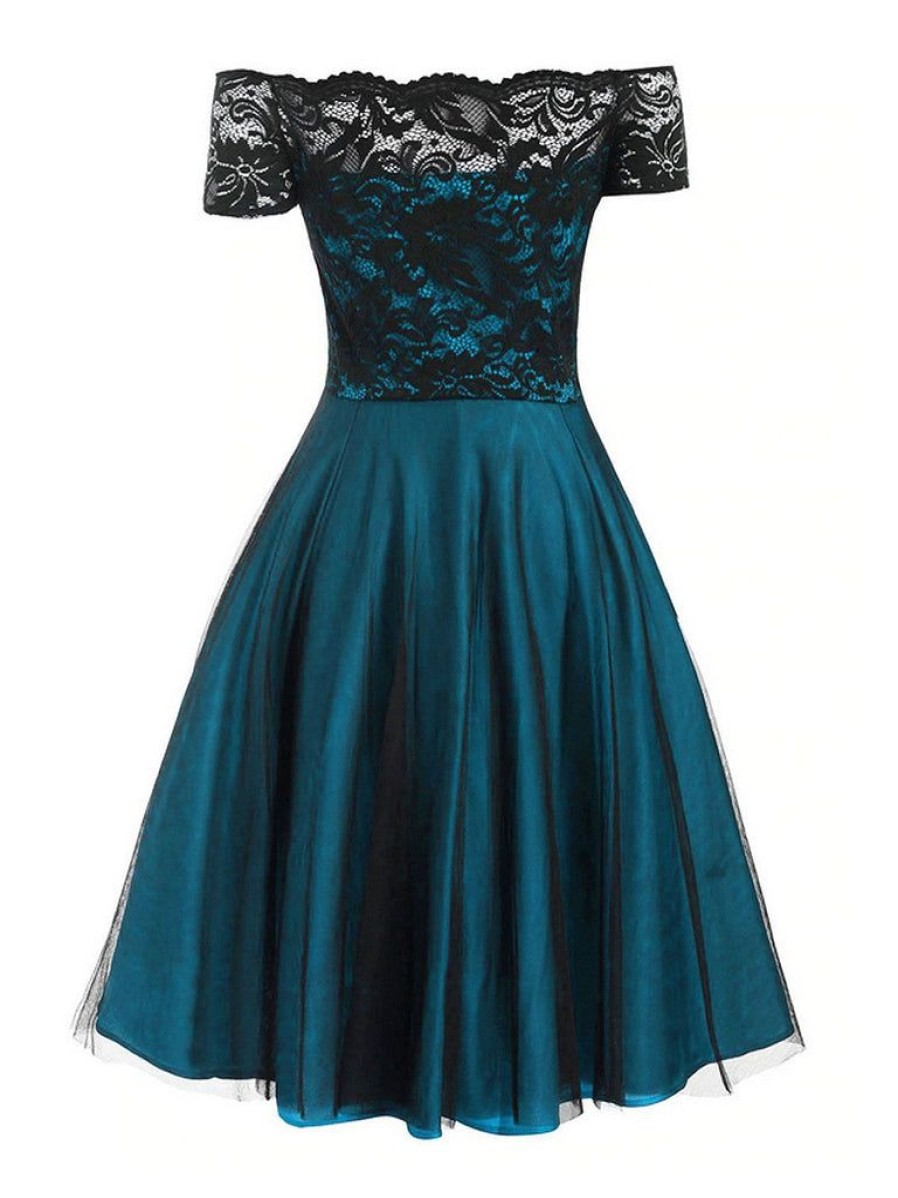 Clothing Retro Stage | 1950S Off Shoulder Lace Swing Dress Dark Green