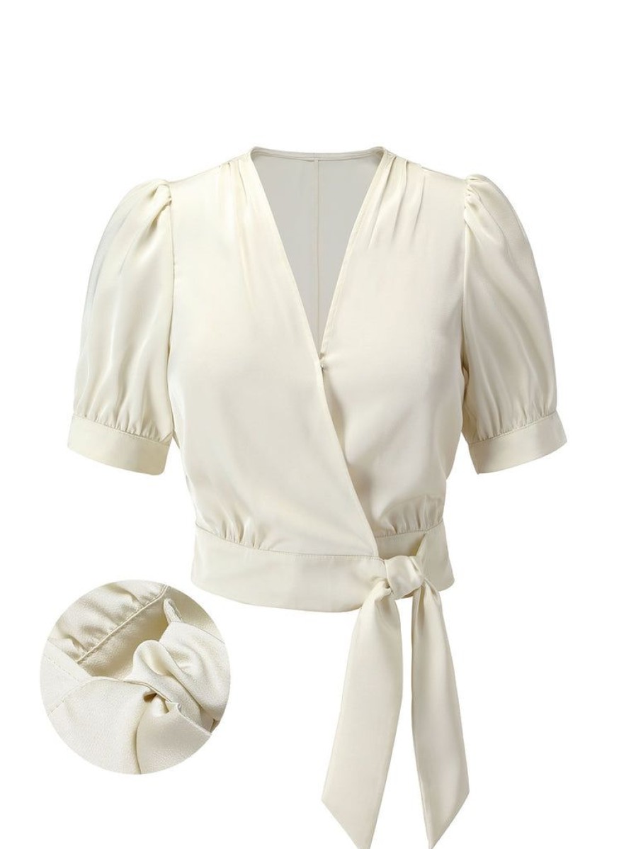 Clothing Retro Stage | 1950S Satin Puff Sleeve V-Neck Blouse Beige