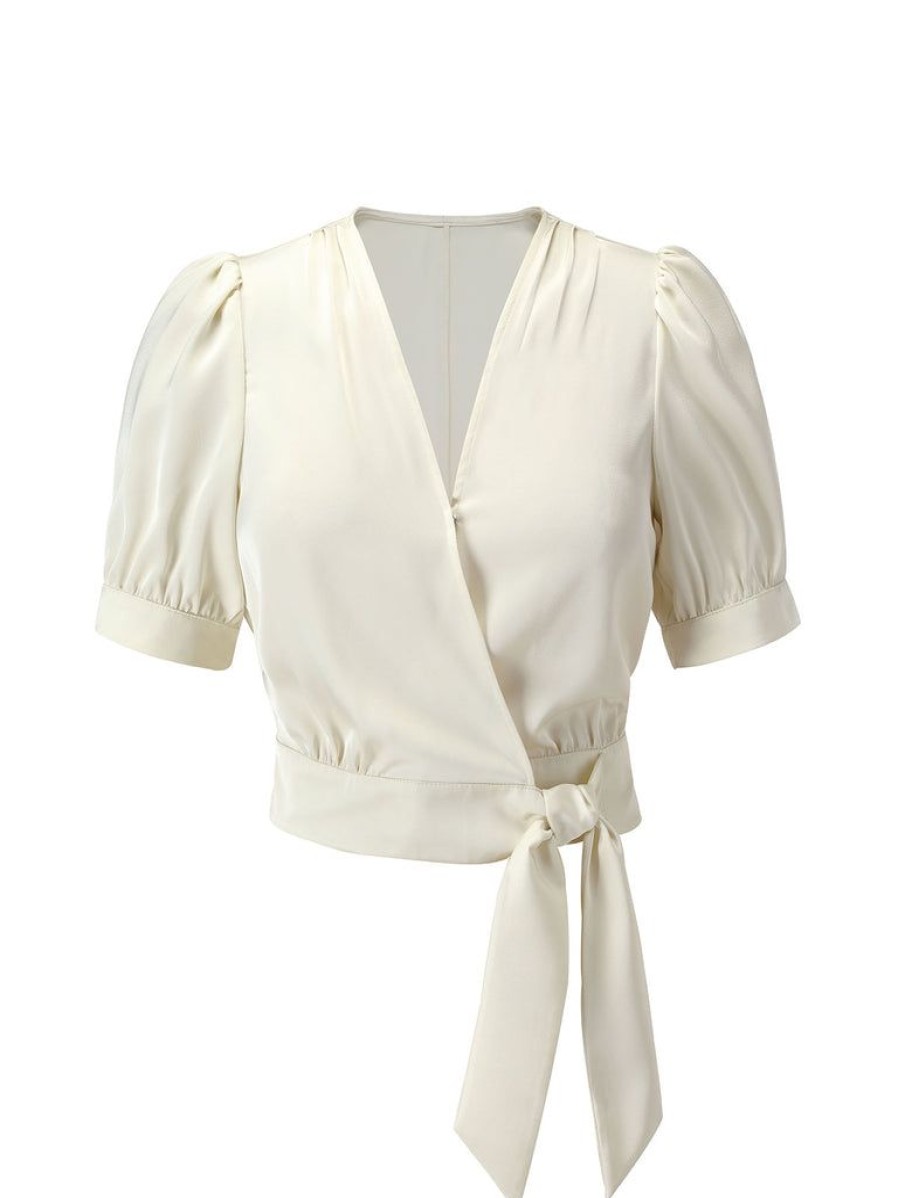 Clothing Retro Stage | 1950S Satin Puff Sleeve V-Neck Blouse Beige