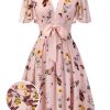 Clothing Retro Stage | Flowers And Birds Bowknot V-Neck Dress Pink