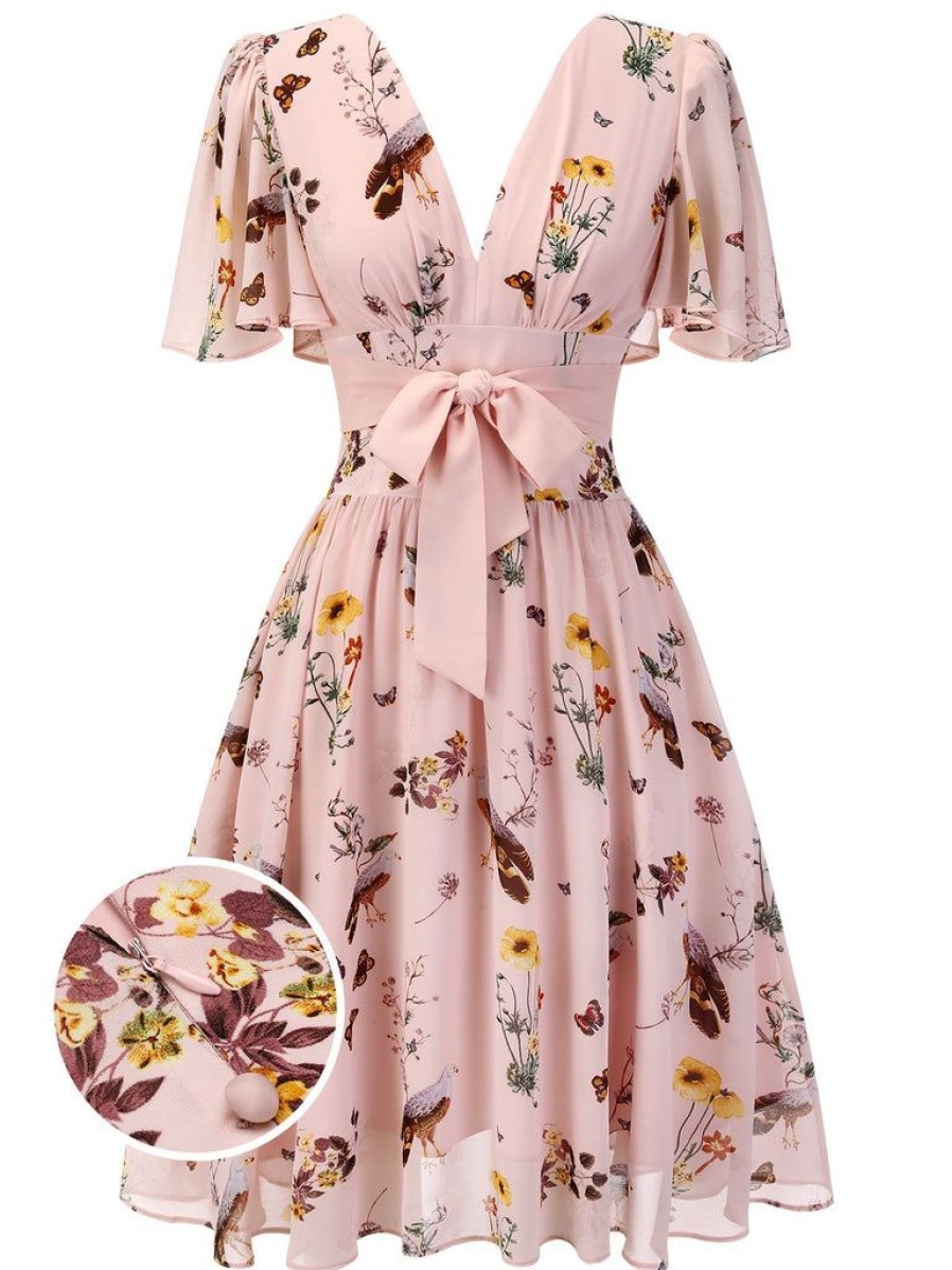 Clothing Retro Stage | Flowers And Birds Bowknot V-Neck Dress Pink