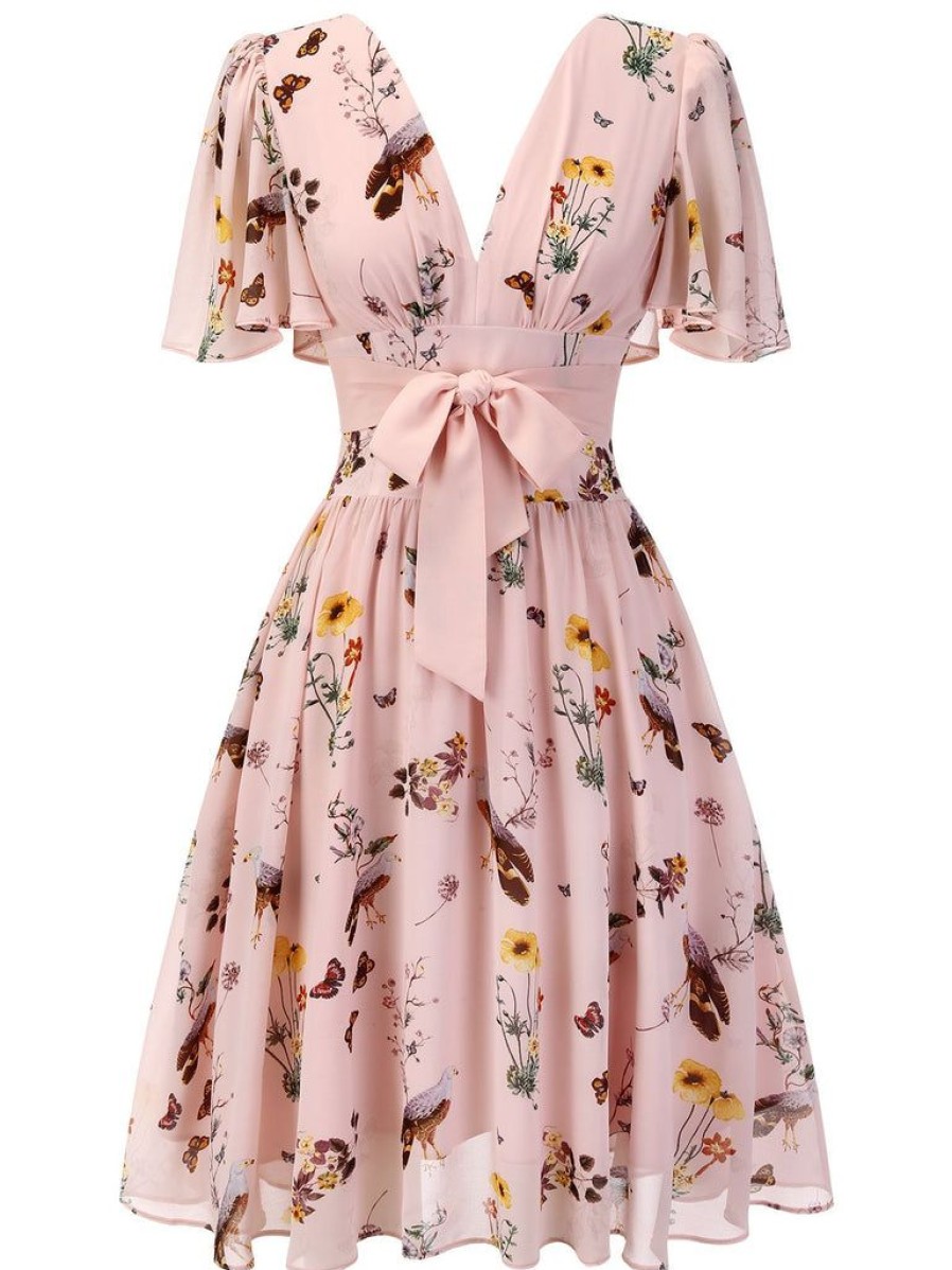 Clothing Retro Stage | Flowers And Birds Bowknot V-Neck Dress Pink