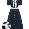 Clothing Retro Stage | 1940S Sailor Collar Dress Dark Blue & White