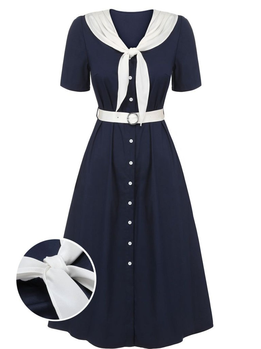 Clothing Retro Stage | 1940S Sailor Collar Dress Dark Blue & White