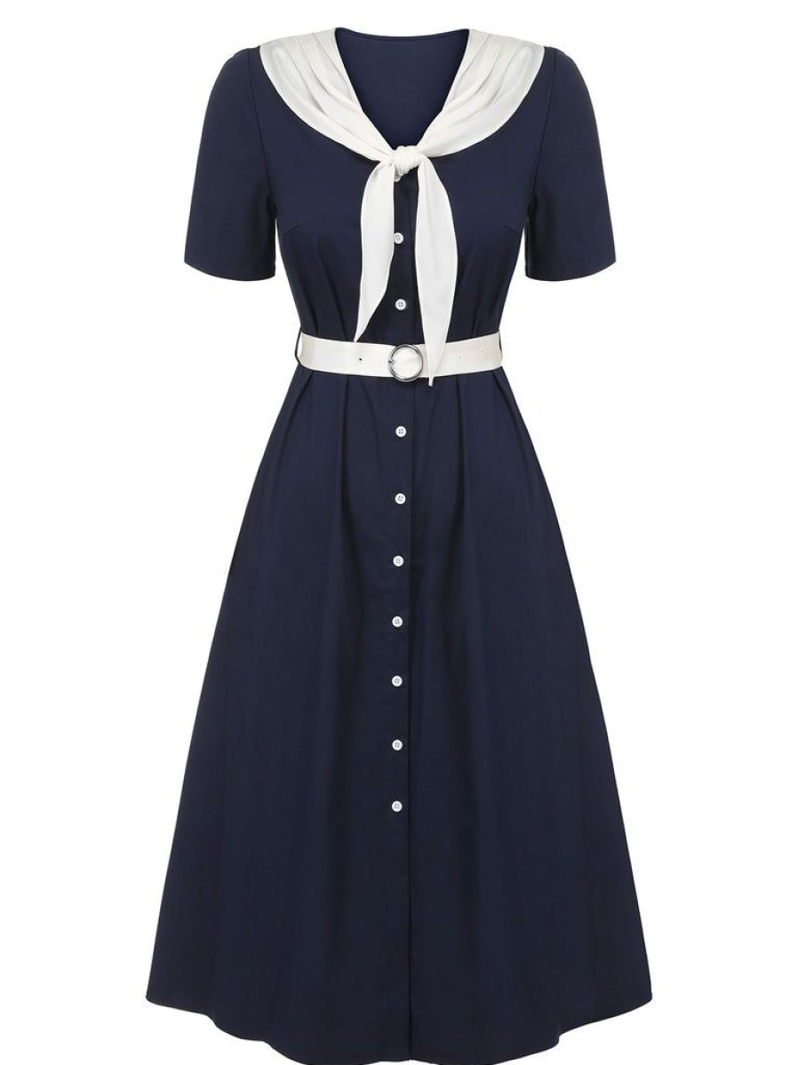 Clothing Retro Stage | 1940S Sailor Collar Dress Dark Blue & White