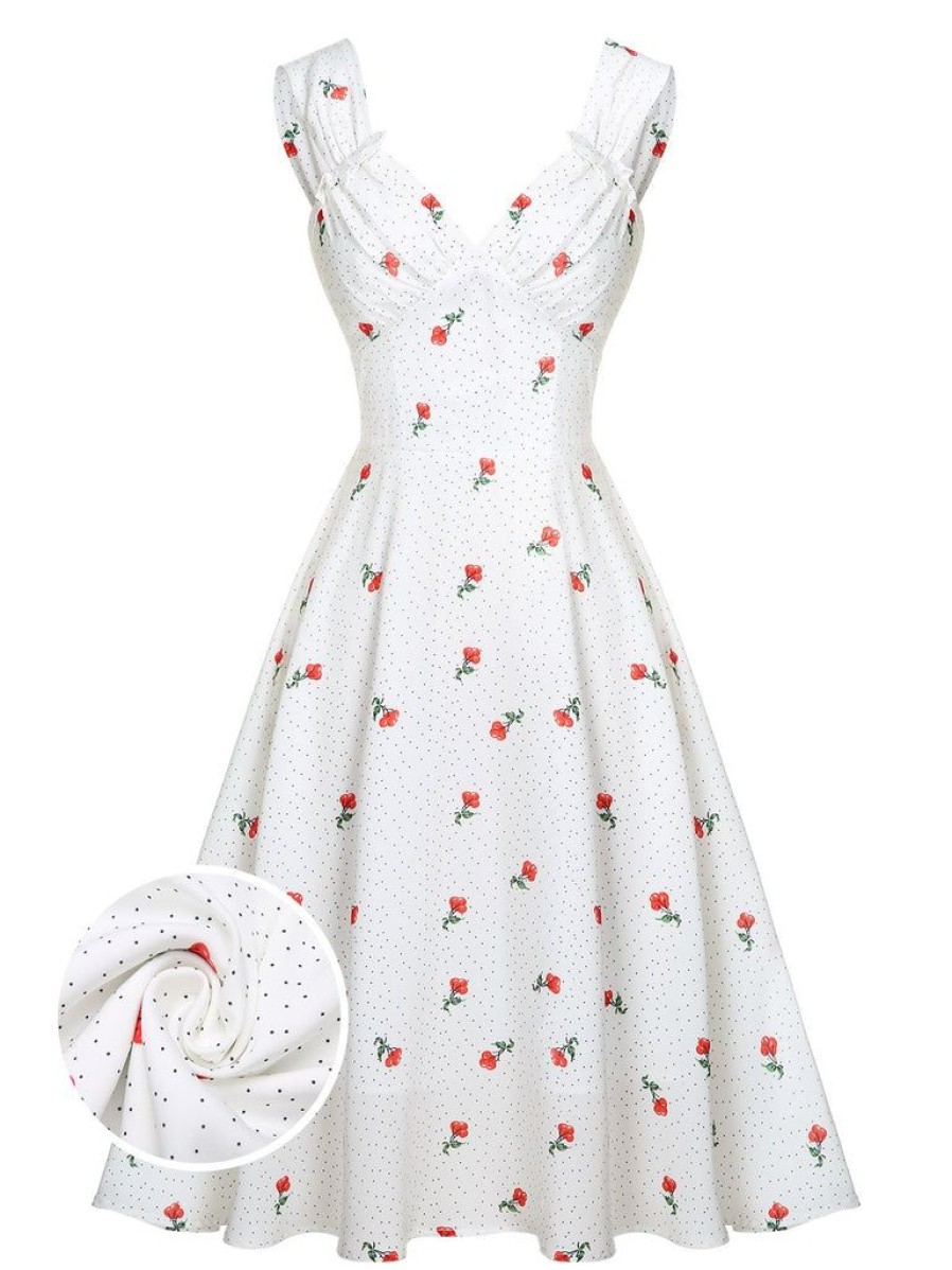 Clothing Retro Stage | Satin-Faux Cherry Polka Dot Dress White