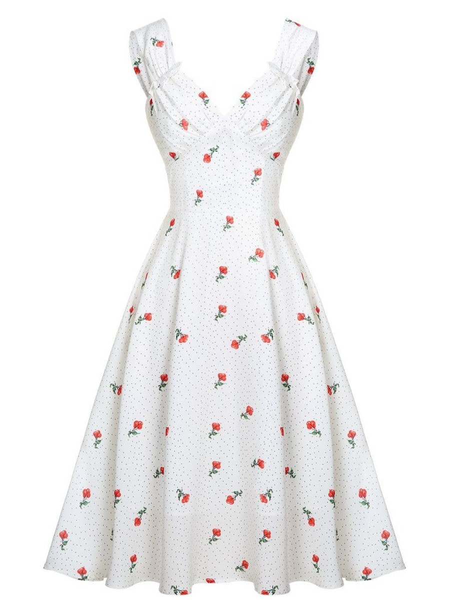 Clothing Retro Stage | Satin-Faux Cherry Polka Dot Dress White