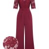 Clothing Retro Stage | 1930S Lace Patchwork Jumpsuit Wine Red