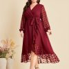 Clothing Retro Stage | [Plus Size] 1940S V-Neck Mesh Belted Dress Wine Red