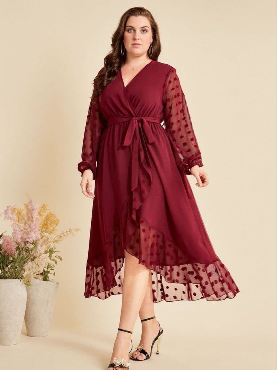 Clothing Retro Stage | [Plus Size] 1940S V-Neck Mesh Belted Dress Wine Red