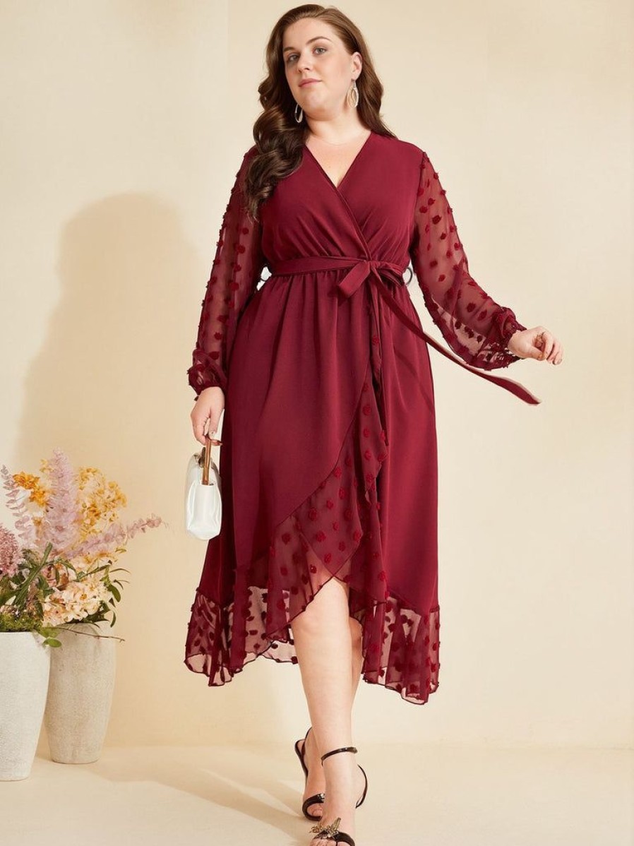 Clothing Retro Stage | [Plus Size] 1940S V-Neck Mesh Belted Dress Wine Red