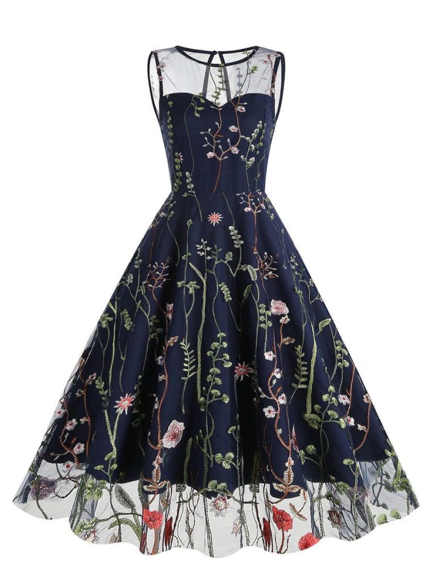 Clothing Retro Stage | 1950S Flower Gauze Sleeveless Swing Dress