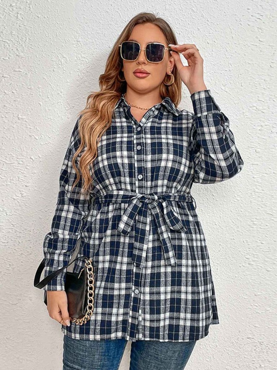 Clothing Retro Stage | [Plus Size] 1940S Plaids Belted Blouse Blue Gray