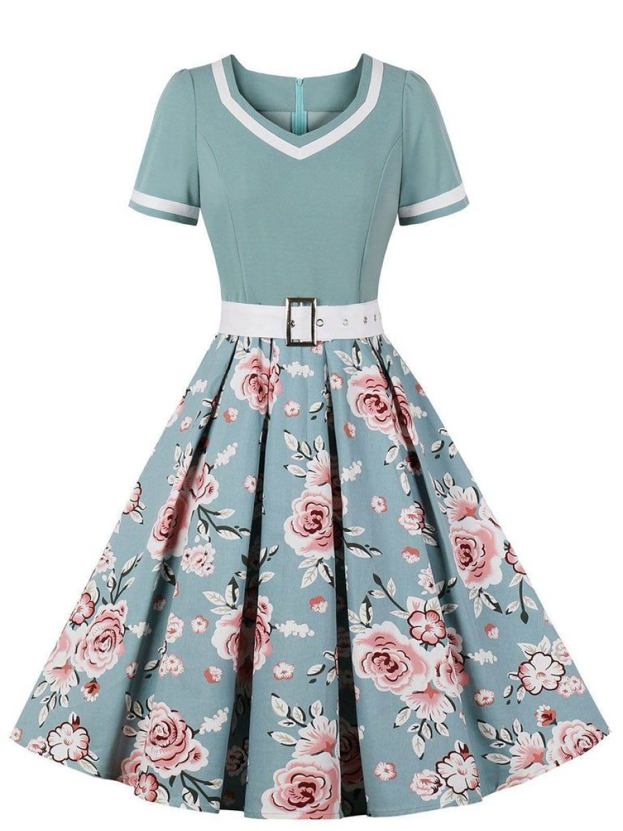 Clothing Retro Stage | 1950S Floral Patchwork Swing Dress