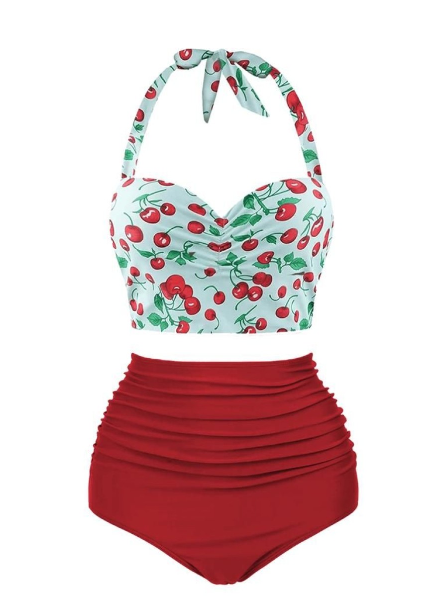 Clothing Retro Stage | 1950S Cherry Halter Swimsuit Red