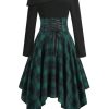 Clothing Retro Stage | 1950S Long Sleeve Patchwork Swing Dress Green