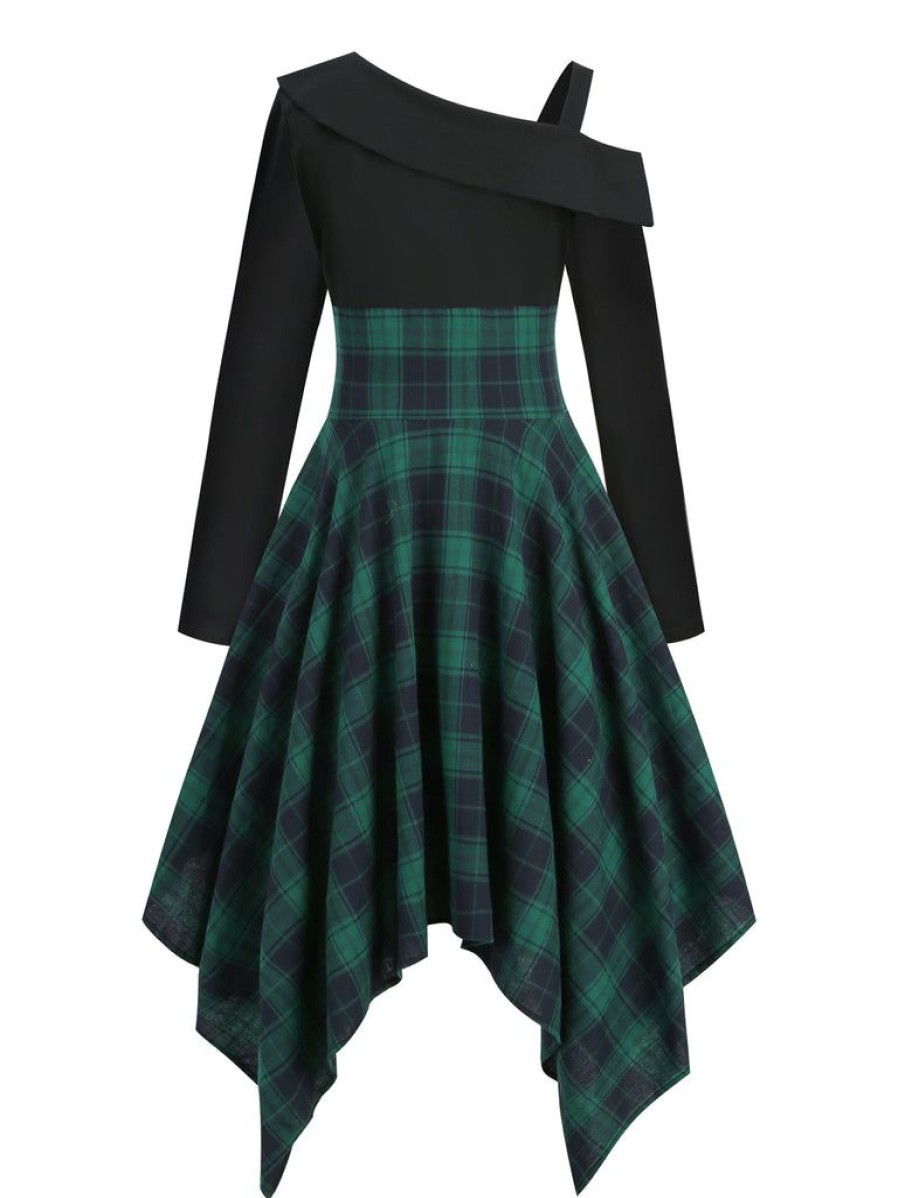 Clothing Retro Stage | 1950S Long Sleeve Patchwork Swing Dress Green