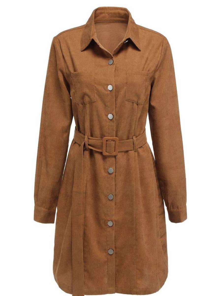 Clothing Retro Stage | 1960S Lapel Long Sleeve Corduroy Dress Brown