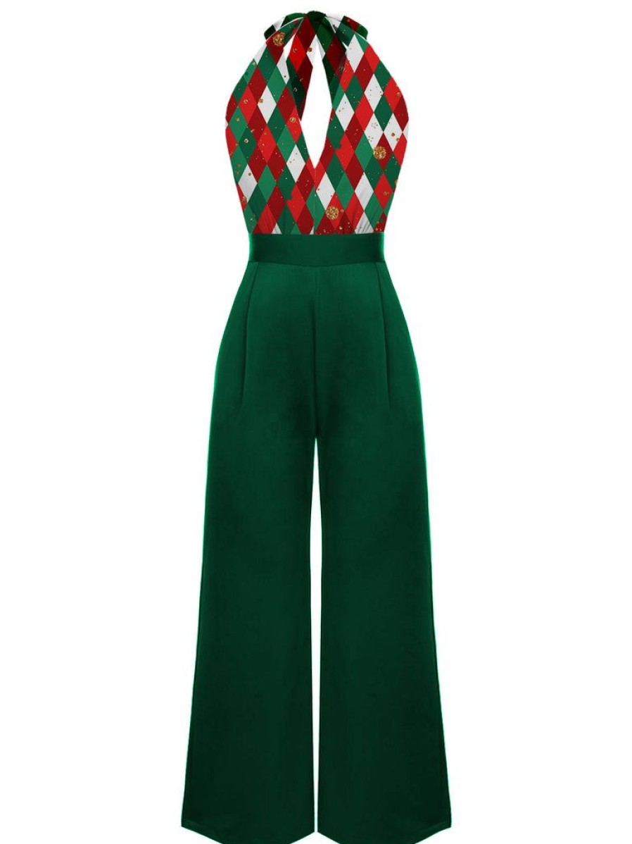 Clothing Retro Stage | 1930S Christmas Plaid Lace Patchwork Jumpsuit Green