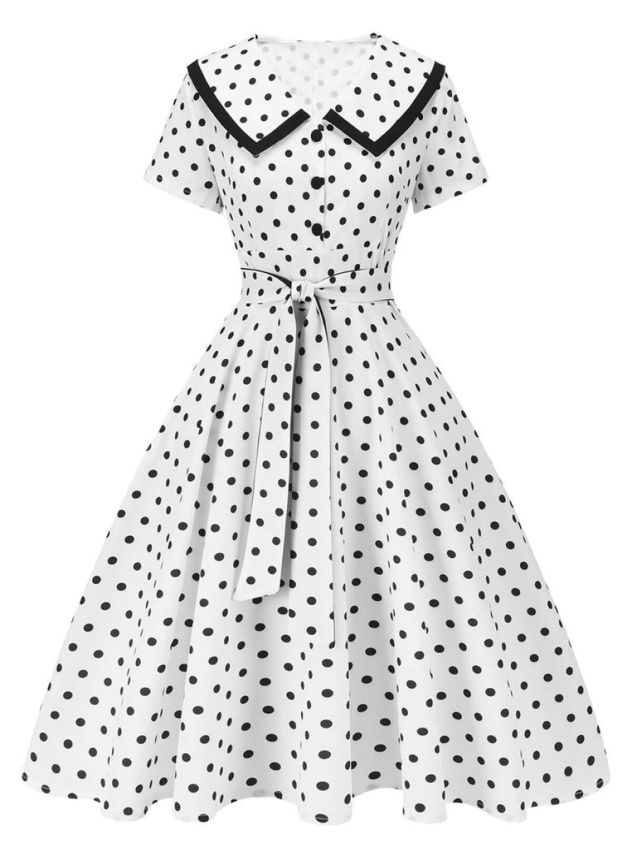 Clothing Retro Stage | 1940S Polka Dot Lapel Dress White