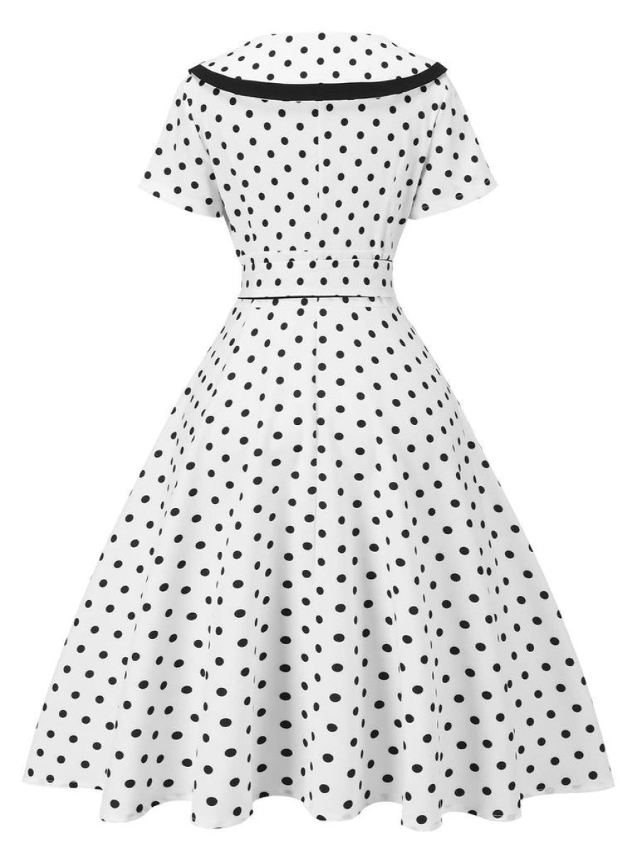 Clothing Retro Stage | 1940S Polka Dot Lapel Dress White